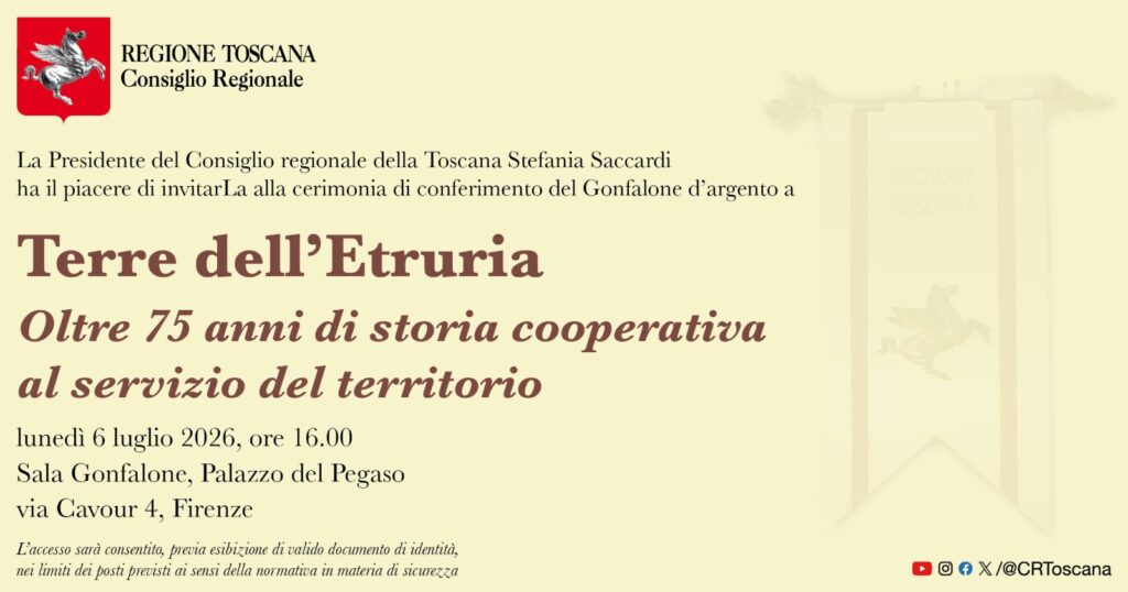 Gonfalone d'Argento a Terre dell'Etruria: cerimonia di consegna il 6 luglio 1 Gonfalone d'Argento Terre dell'Etruria invito 6 luglio 2026 Firenze