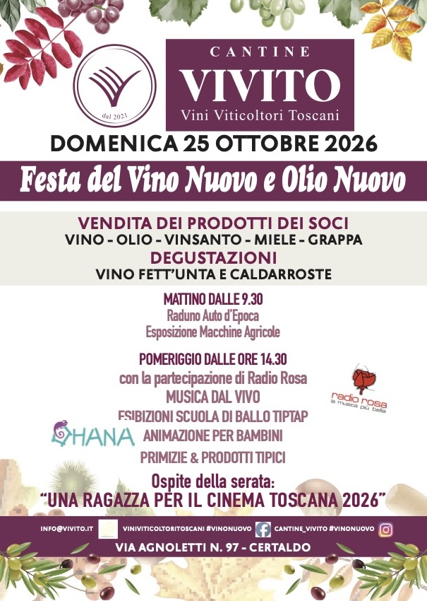 Il 25 ottobre alla Cantina di Certaldo Festa del vino e dell'olio nuovo 3 Locandina Festa vino e olio Vivito 25 ottobre 2026